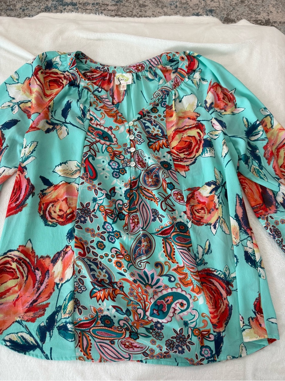 Fig & Flower Floral Puffy Sleeve Blouse turquoise orange red floral paisley D83